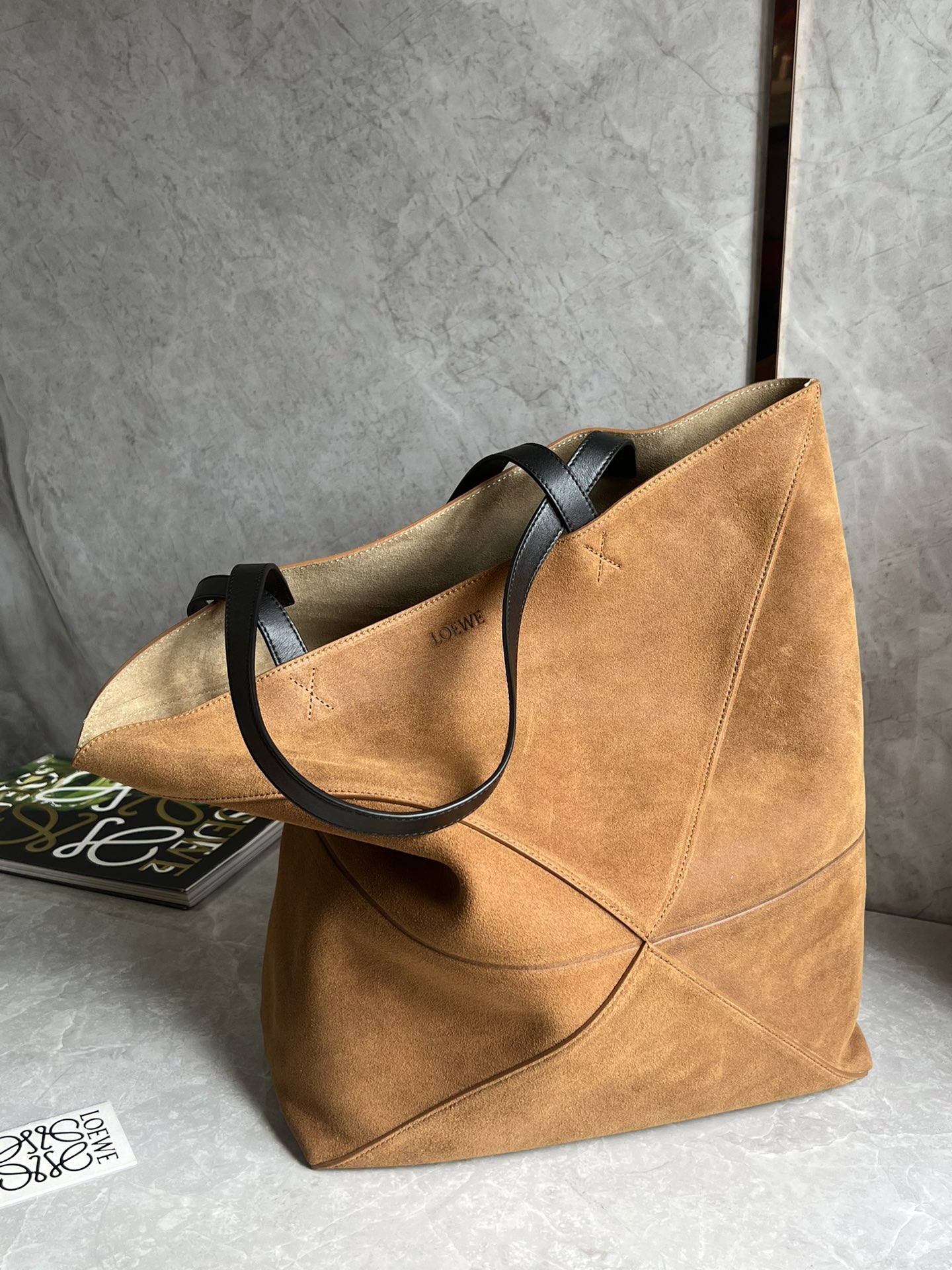 Loewe XL Puzzle Fold Tote in Suede Calfskin Brown